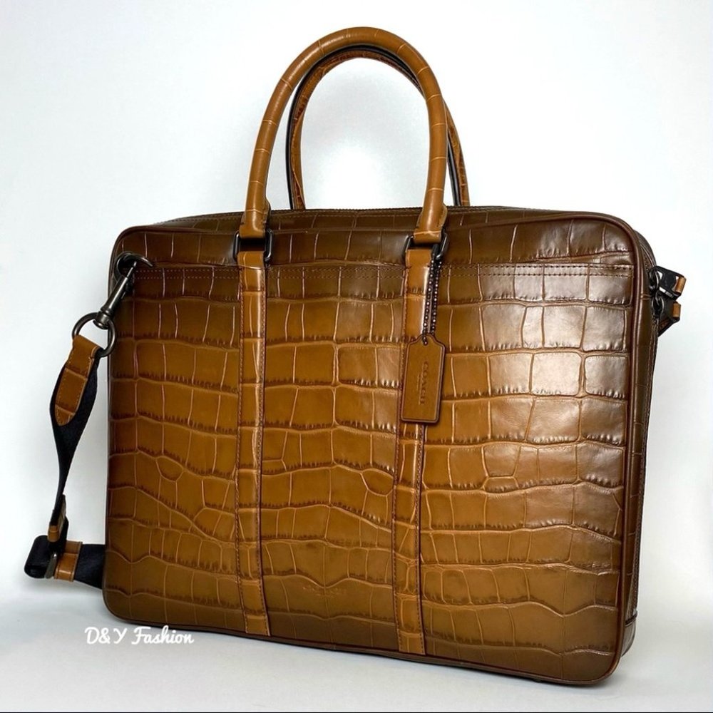 Coach Brown Croc-Embossed Laptop Bag